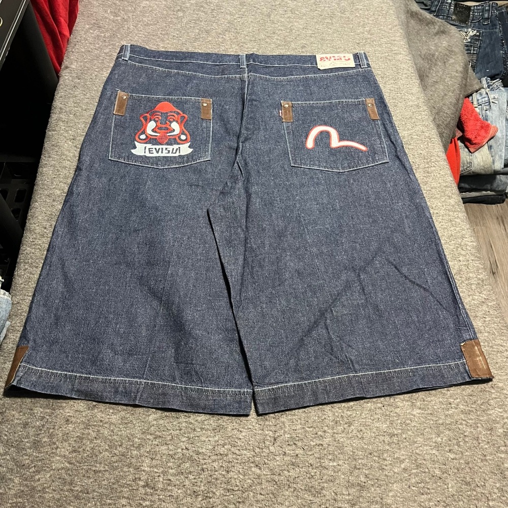Evisu Genes Mens Baggy Denim Shorts Dark Wash Embroidered Logo Size 40 Indigo